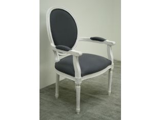 Gray Linen Oval Louis Arm Chair in Antique White Finish