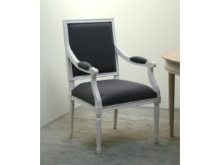 Gray Linen Louis Square Back Arm Chair in Antique White Finish
