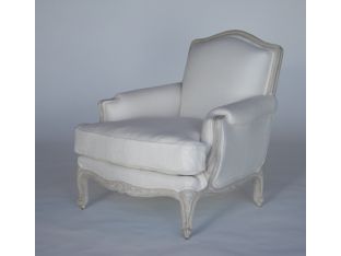 Ivory Linen French Style Club Chair with Antique White Carved Frame