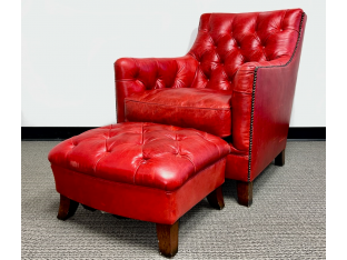 Antique Red Leather Berkshire Club Chair and Ottoman