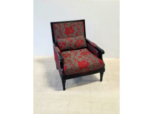 Black Lacquer Club Chair with Red and Gray Cut Velvet