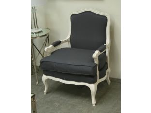 Gray Linen Bergere Chair in Antique White Finish