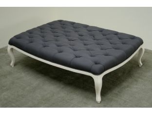 Gray Linen Tufted Ottoman in Antique White Finish